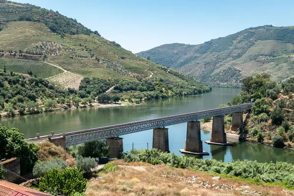 stock image Bridge over the Tua River at its mouth with the Douro River in Tras os Montes, Portugal