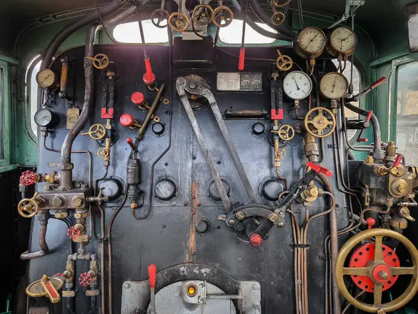 stock image Inside an old coal locomotive with the essential tools for control and operation