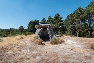Anta da Fonte Coberta in Alijo, Portekiz 'in doğal manzarasıyla uyum içinde tarih öncesi bir megalitik anıt.