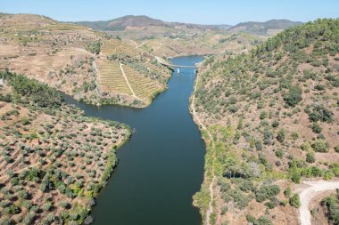 Portekiz 'in Tras-os-Montes şehrinde dolambaçlı Tua Nehri' nin dibindeki Brunheda köprüsü ve rıhtımı, doğanın ve altyapının görkemli bir buluşması.