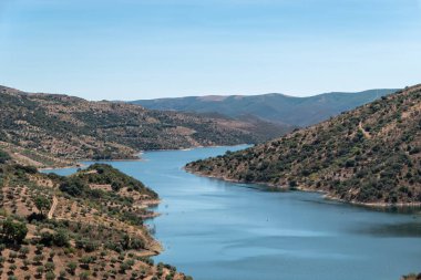 Dağlar ve mavi gökyüzü arasında, kıvrılan Sabor Nehri. Portekiz, Tras-os-Montes 'te bir huzur ve biyolojik çeşitlilik cenneti