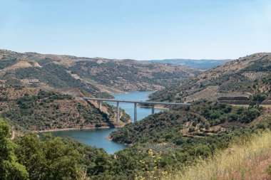 Tras-os-Montes 'teki Sabor Nehri' nin panoramik manzarası. Portekiz 'de güneşli bir gökyüzünün altında dağları birbirine bağlayan doğal bir güzellik.