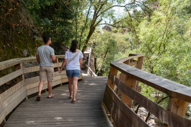 Passadios 'un yoğun bitki örtüsü arasında yürüyen turistler, Vila Real, Portekiz' de doğal ve huzurlu bir ortamda Corgo yapıyorlar.