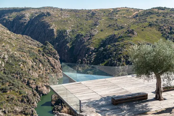 Fraga do Puio 'nun tahta ve cam yapısı Picote' de Douro Nehri 'nin arka planında Miranda do Douro, Portekiz