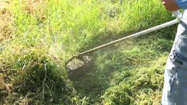 Kırsal bir arazide yabani otları kesmeye çalışan bir çiftçinin videosu.