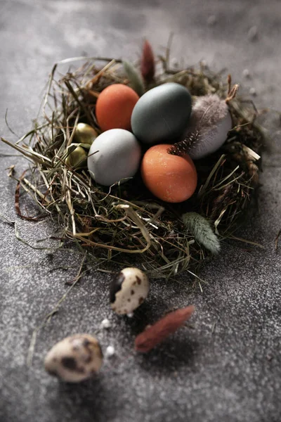 Easter Colored Eggs Nest Gray Background Telifsiz Stok Imajlar