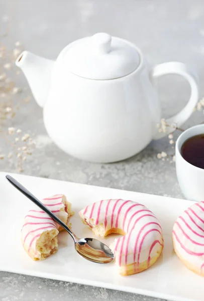 Sweet Donuts Raspberries Strawberries Tea Drinking - Stok İmaj