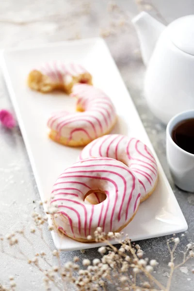 Sweet Donuts Raspberries Strawberries Tea Drinking Stok Resim