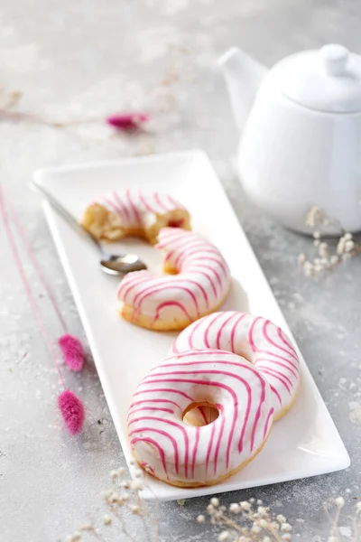 Sweet Donuts Raspberries Strawberries Tea Drinking Stok Fotoğraf