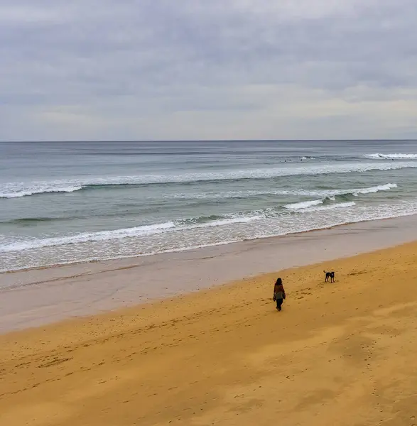 Yalnız bir kumsalda köpeğini gezdiren bir kadın.