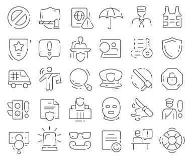 Polis çizgisi simgeleri koleksiyonu. İnce taslak simgeler paketi. Vektör illüstrasyonu E10