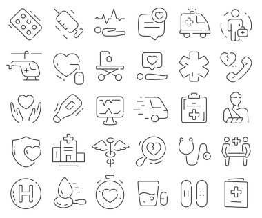 Ambulans hattı simgeleri koleksiyonu. İnce taslak simgeler paketi. Vektör illüstrasyonu E10