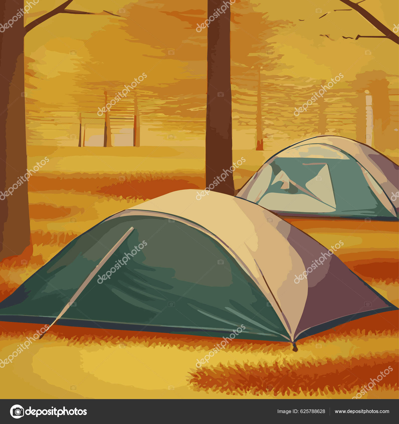 Vektor Illustration Camping Med Tält Höst Skog Med Vilda Träd vektor av  ©levchishinae 625788628