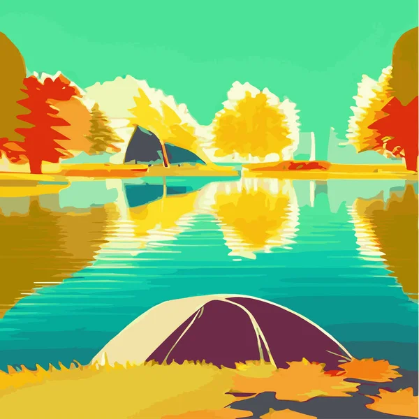 Autumn camping in the autumn colorful forest on the lake with a tent. The concept of hiking in the autumn season. Flat autumn landscape. Vector countryside illustration with woods