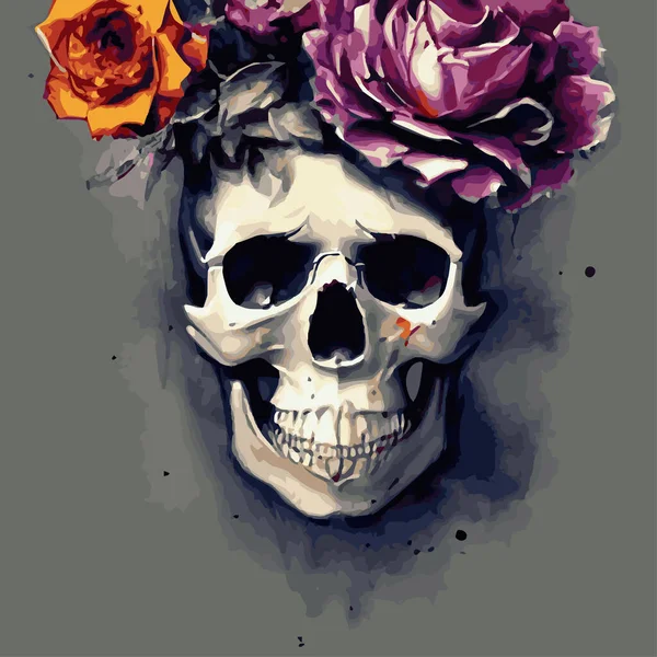 Human skull, exotic tropical flowers. Day of the dead skulls and flowers, vintage vector illustration Typographic poster inspiration, hand drawn t-shirt style. Skull and roses