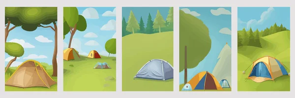 Camping landscape with tent in the forest clearing. Tents in pine forest grass. Summer camping nature. Eco tourism. Outdoor recreation concept. Vector illustration, set of vertical posters
