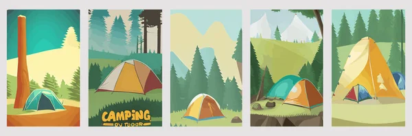 Camping landscape with tent in the forest clearing. Tents in pine forest grass. Summer camping nature. Eco tourism. Outdoor recreation concept. Vector illustration, set of vertical posters