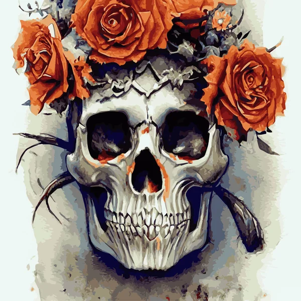 Human skull, exotic tropical flowers. Day of the dead skulls and flowers, vintage vector illustration Typographic poster inspiration, hand drawn t-shirt style. Skull and roses