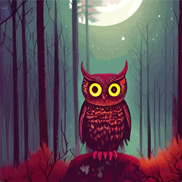Owl. Realistic bird on dark moon forest background. Dark night background. autumn fairy tale art. Fashion template for clothes vector cartoon style owl