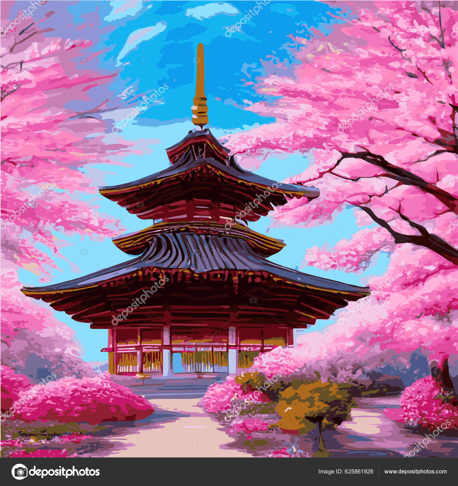 —　625861928　伝統的なアジア建築の家　桜の枝　リンゴの木　ベクトルイラスト中国の家　庭にある日本の塔　©levchishinae　農村部の複数階建ての韓国寺院　ストックベクター