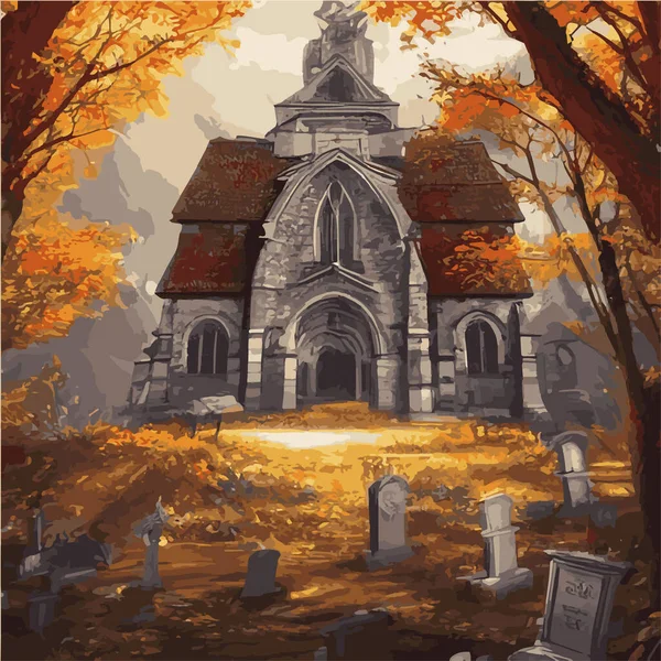 Catholic church vector illustration in gothic style in autumn forest. Vector freehand drawing in vintage style. Old church, trees, forest. Concept for halloween holiday.