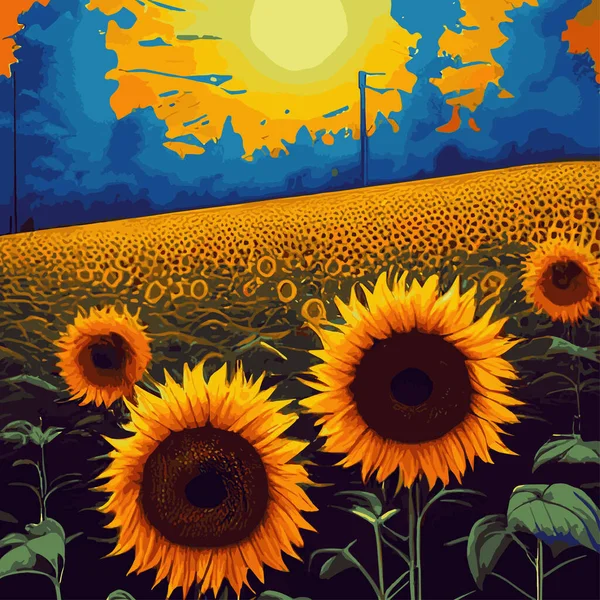 vector illustration, sunflower flower, sunset rural landscape oil painting with golden sunflower field. Warm sunset light and orange hills in the background
