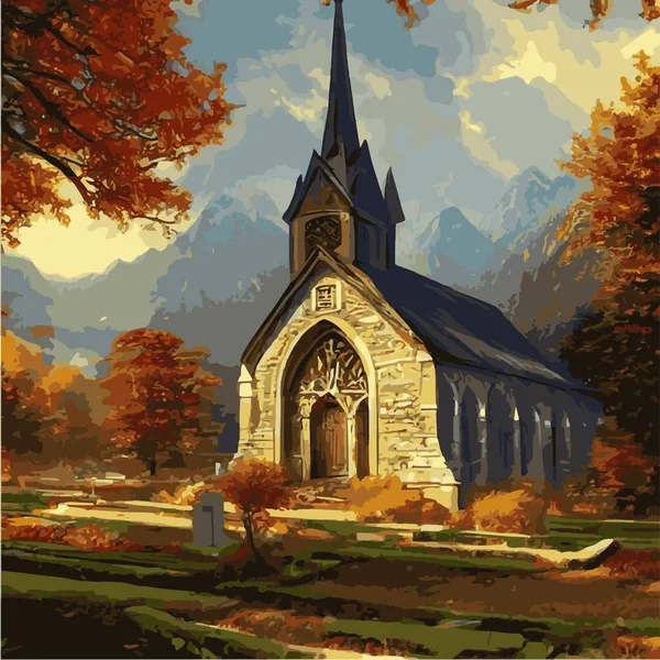 Catholic church vector illustration in gothic style in autumn forest. Vector freehand drawing in vintage style. Old church, trees, forest. Concept for halloween holiday.