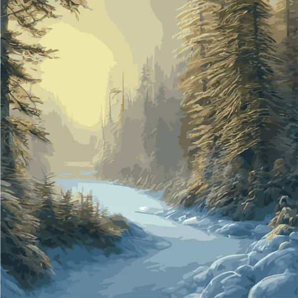 Winter landscape forest. Winter nature forest with spruces, pines bushes. Snowy areas branches covered with snow. Winter landscapes with vector illustration. Merry Christmas Happy New Year forest