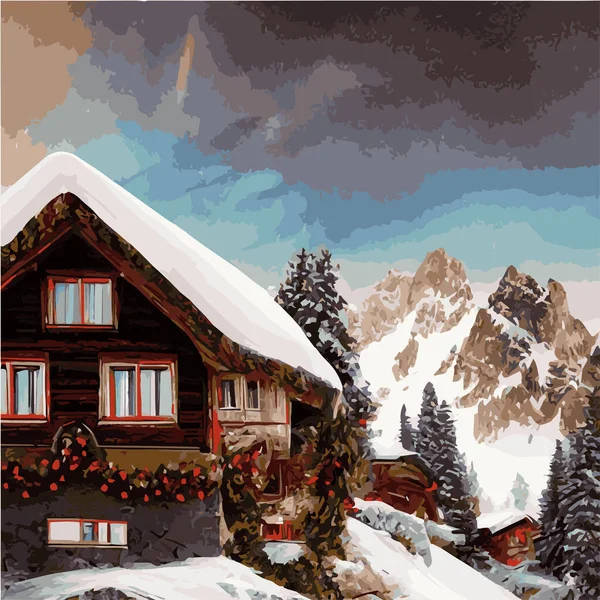 Winter mountain landscape with wooden house, chalet, snow, illuminated mountain peaks, hill, forest, Vector flat illustration. Winter landscape and winter holiday hut. Merry christmas card with house