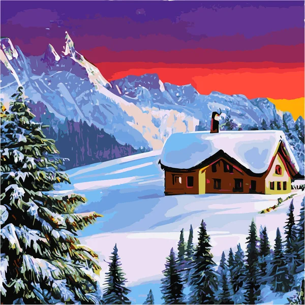 Winter mountain landscape with wooden house, chalet, snow, illuminated mountain peaks, hill, forest, Vector flat illustration. Winter landscape and winter holiday hut. Merry christmas card with house