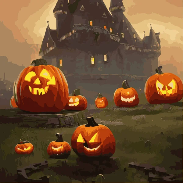 Halloween night background image with spooky castle and pumpkins. Vector elements banner, Halloween celebration greeting card, Halloween party poster. haunted house and full moon, vector illustration