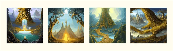 surreal landscape with abstract trees clouds melting islands off ground. Vector illustration, set four posters. Dreamy surreal fantasy landscape, lush vegetation flowers, pastel colors
