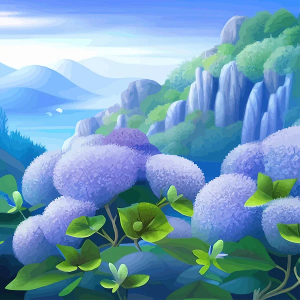 Mountain spring landscape, mountains with snowy peaks lilac flower bushes, Cartoon flat springlnature, green grassland meadow with flowers, forests, beautiful spring day mountains, vector illustration