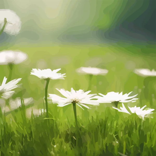 Spring background with chamomile flowers, green grass, blue sky. Can be used for Easter, birthday, party, anniversary, March 8, Womens Day. Seasonal Sales