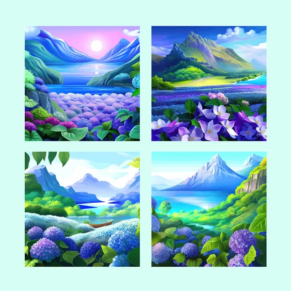 Mountain spring landscape, mountains with snowy peaks, lilac flower bushes, poster set. Green pasture meadow with flowers, forests, beautiful mountains of spring day, vector illustration