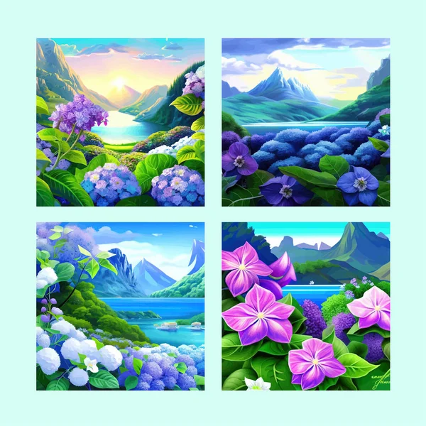 Mountain spring landscape, mountains with snowy peaks, lilac flower bushes, poster set. Green pasture meadow with flowers, forests, beautiful mountains of spring day, vector illustration