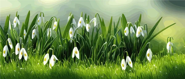 White snowy easter flowers with fresh green leaves in a spring sunny forest. Delicate snowdrops The first flower of spring symbols. Spring Easter concept.