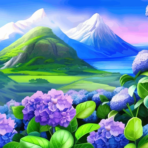 Mountain spring landscape, mountains with snowy peaks lilac flower bushes, Cartoon flat springlnature, green grassland meadow with flowers, forests, beautiful spring day mountains, vector illustration