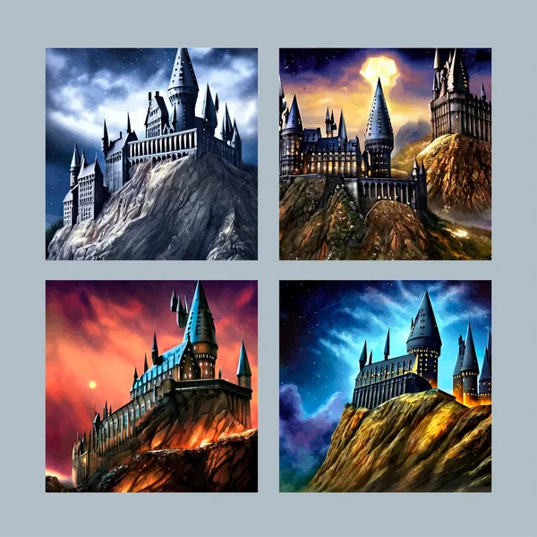 Cartoon castle on a hill in rainy weather. Landscape of a fairy kingdom in the moonlight at night. Medieval palace with towers. illustration set