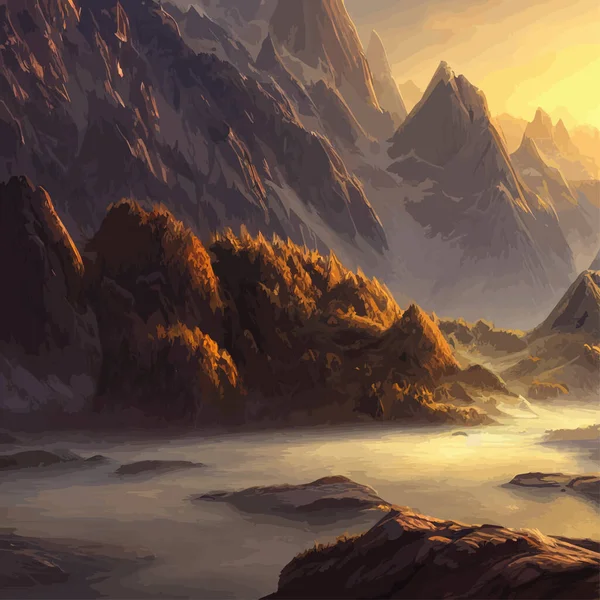 Mountain landscape. Mountain landscape. Vector illustration. Abstract background. Fantasy theme morning landscape, sunrise mountains. landscape with blue mountains silhouettes with fog cold sunlight