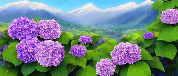 Mountain spring landscape, mountains with snowy peaks, lilac flower bushes, cartoon flat spring nature, green pasture meadow with forests, beautiful spring day mountains, vector illustration banner