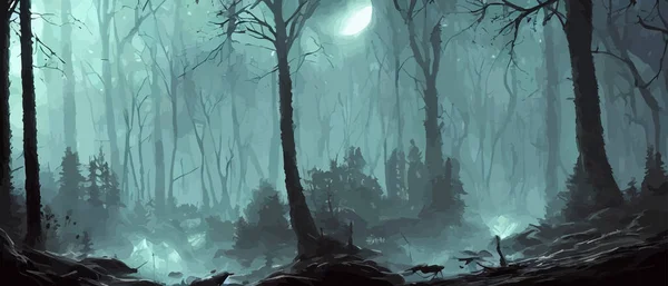 misty forest. Dark tree silhouette. Tree tricks in the blue mist. Fog in the night forest vector illustration banner. Spooky forest with full moon and floor. Without leaves and branches of autumn.