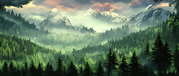 Foggy mountains landscape landscape vector illustration. Smoky rocky panorama with mountain mountains and silhouettes for pine forest. Evergreen forests and green meadows. Mountains in fog with forest