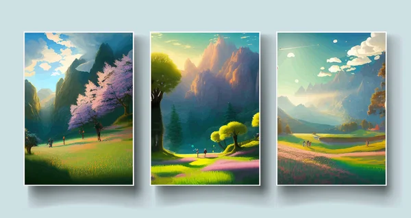Spring landscape with trees, mountains, fields, leaves. Vector illustration in a flat style. vertical poster spring background. cartoon landscape with nature