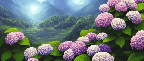 Mountain spring landscape, mountains with snowy peaks, lilac flower bushes, cartoon flat spring nature, green pasture meadow with forests, beautiful spring day mountains, vector illustration banner