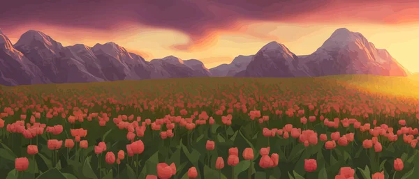 A field of tulips against the backdrop of mountains. Spring banner vector illustration. huge field of colorful tulips. Behind the field is a mountain range. Sunset. clouds of orange