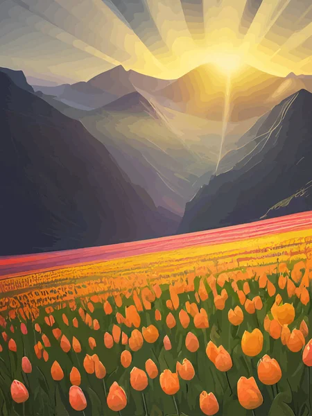 Vector spring background. Dutch landscape with tulip field, trees, hills, mountains. Floral vertical landscape poster cartoon hand drawn style. For posters, advertisements, wallpapers, landing pages