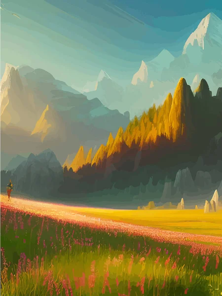 Spring landscape with trees, mountains, fields, leaves. Vector illustration in a flat style. vertical poster spring background. cartoon landscape with nature