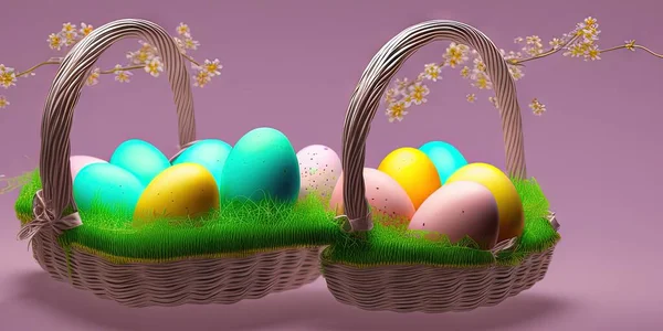 colorful Easter eggs, Easter banner - colorful painted , Easter eggs in a basket, Minimal concept. Card with copy space, Easter background