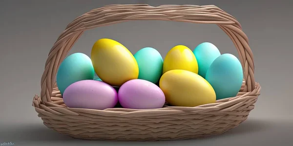 colorful Easter eggs, Easter banner - colorful painted , Easter eggs in a basket, Minimal concept. Card with copy space, Easter background